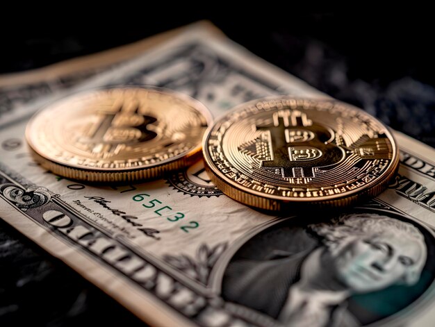 Foto monete d'oro bitcoin su dollari americani generativa ai