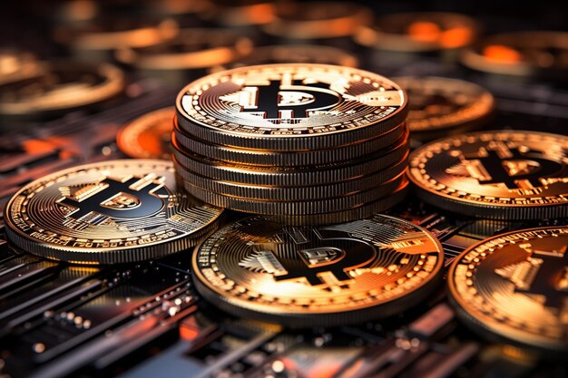 Биткойн золотые монеты с крупным планом кошелька Концепция виртуальной криптовалюты