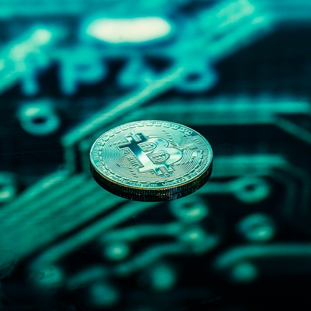 ビットコインゴールド、シルバー、銅のコインと焦点がぼけたプリント回路の背景。仮想暗号通貨の概念。