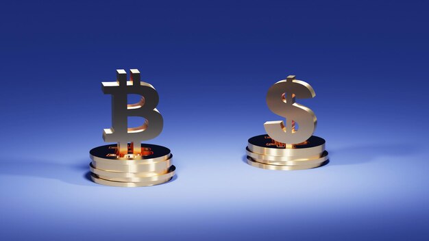 Bitcoin символ золотых монет концепция 3D рендеринг иллюстрация концепции рынка криптовалют