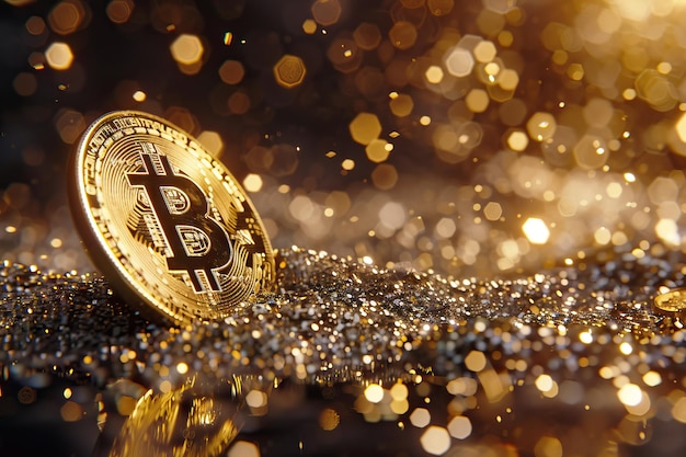 Bitcoin golden bitcoin coin with glitter lights grunge copyright ...