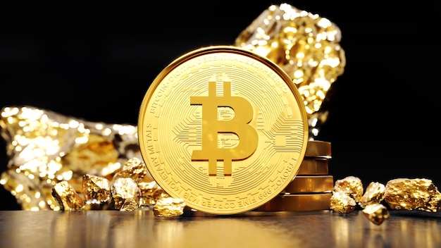 Золотая монета Bitcoin с куском золота