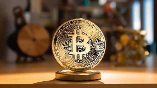 Bitcoin goud glinstert op een rustiek houten bureau een symbool van innovatieve technologie