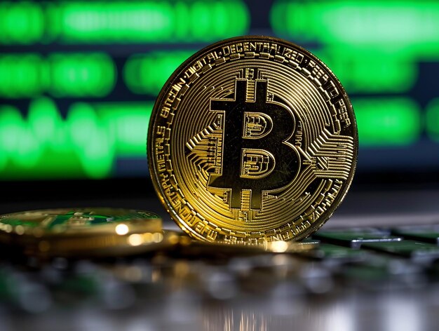 Bitcoin gouden munt op handelsplatform grafiek achtergrond Handel op de cryptocurrency