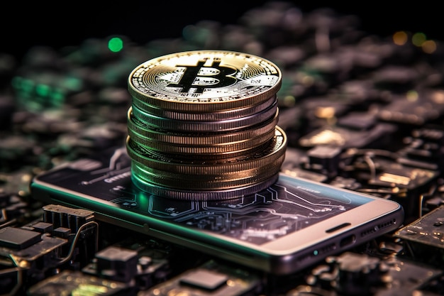 Bitcoin gouden munten met portemonnee close-up Virtueel cryptocurrency-concept