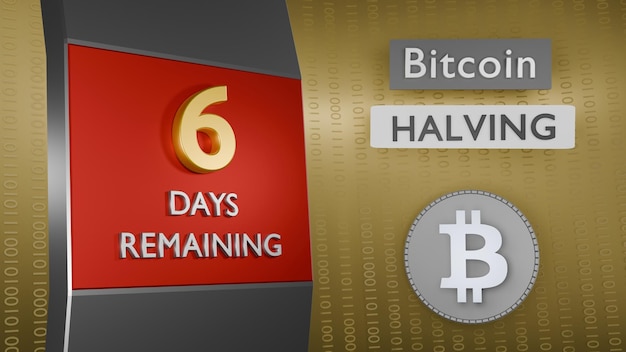 Bitcoin halvering aftelling herinnering 6 dagen overgebleven concept 3D Rendering
