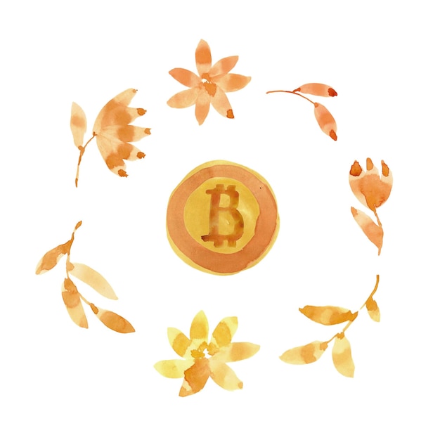 Foto bitcoin in een gouden aquarelkrans van bloemen en bladeren