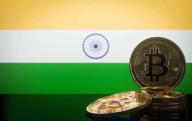 Bitcoin in India crisis bitcoin en Crypto munten bitcoin en vlag India 3D-werk en 3D-beeld