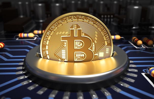 Bitcoin in muntsleuf op blauw moederbord plaatsen