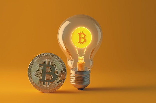 Bitcoin inside light bulb isolated on yellow background AI