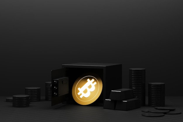 Photo bitcoin is becoming more valuable than gold and currency today saving bitcoin in safe safe deposit symbol of cryptocurrency safety concept in black color 3d rendering