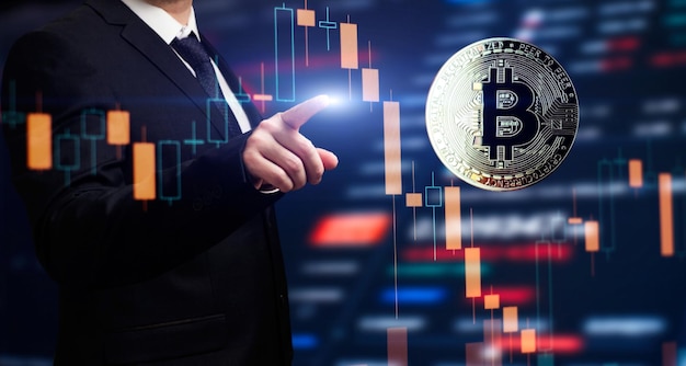 Bitcoin is een gemakkelijke betaling in de wereldeconomiemarkt Virtuele digitale valuta en handelsconcept voor financiële investeringen