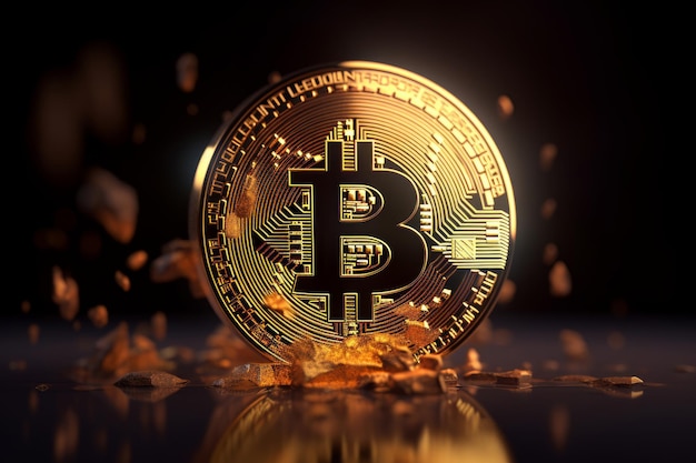 Bitcoin is een gouden munt en een onscherpe grafische achtergrond Genertive AI