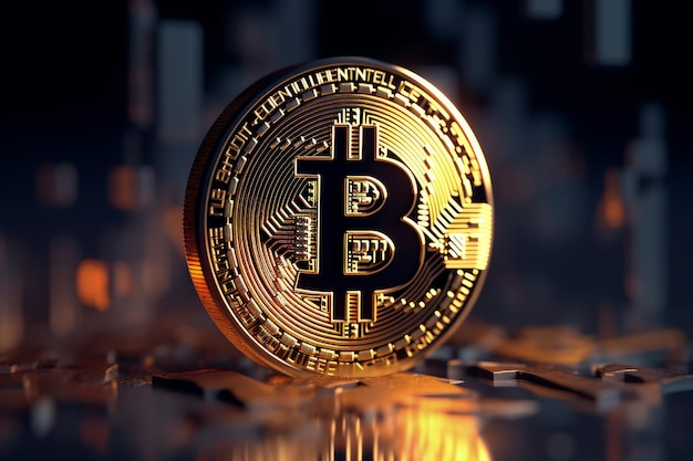 Bitcoin is a gold coin and a defocused graphics background The concept of virtual crypto currency