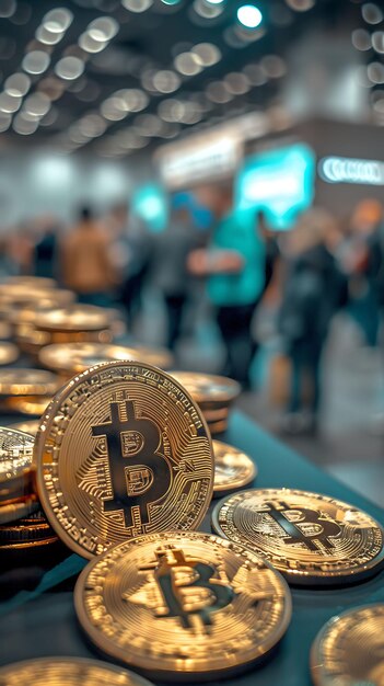 Bitcoin-jobbeurs in een congrescentrum met wervers een crypto-concept Trending achtergrondfoto