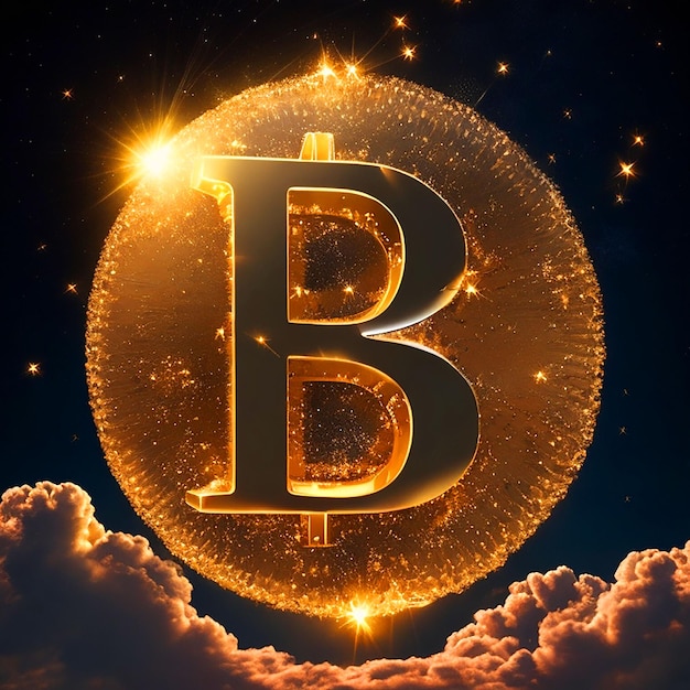 Foto bitcoin lettera oro immagine 3d sfondo scuro stelle proporzioni del cielo corrette