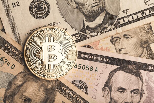 Bitcoin and Litecoin over dollar banknotes. Cryptocurrency Trading concept .