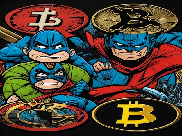Bitcoin logo emblems in superheroes dc universe