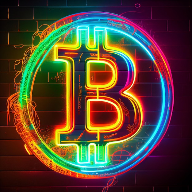 Bitcoin logo neon teken bitcoin symbool met neonlichten wallpaper achtergrond