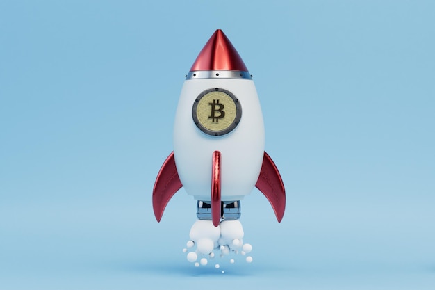 青色の背景の 3 d レンダリングに bitcoin と bitcoin ロゴ ロケット ランチャー cryptocurrency コンセプト ロケット