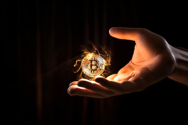 Photo bitcoin magic glowing light floating over a gesture hand background money trading at currency market generative ai