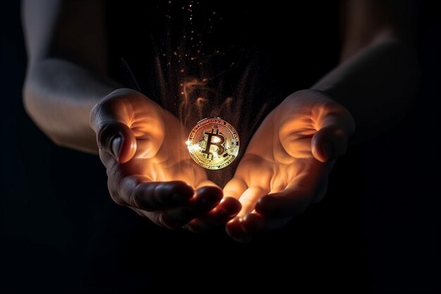 Bitcoin magic glowing light floating over a Gesture Hand background money trading at currency market Generative AI