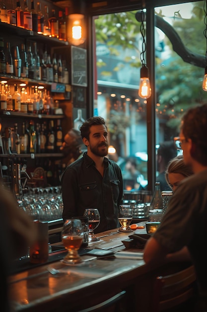 게스트 스피커와 참석자와 함께 술집에서 비트코인 만남 암호화폐 개념 트렌딩 배경 사진
