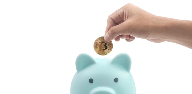Bitcoin met financieel investeringsconcept en spaarvarken