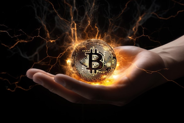 Bitcoin met gloeiende lichten Gouden bitcoin-symbool Munten op zwarte achtergrond Generatieve AI