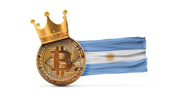 Bitcoin met gouden kroon en Argentinië vlag cryptocurrency koning concept d rendering