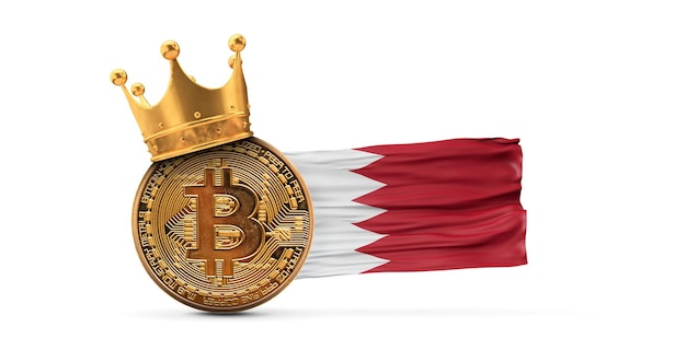 Bitcoin met gouden kroon en bahrein vlag cryptocurrency koning concept d rendering