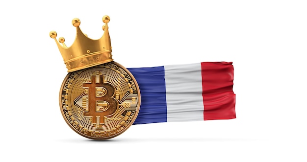 Bitcoin met gouden kroon en frankrijk vlag cryptocurrency koning concept d rendering