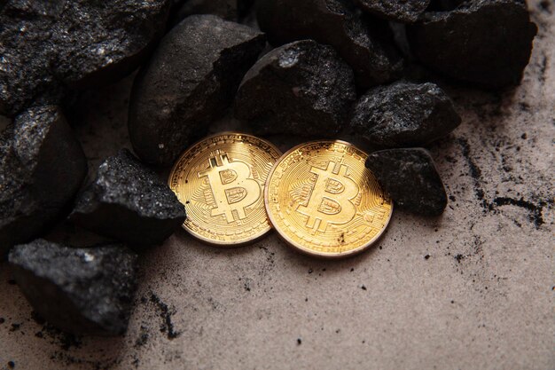 Bitcoin mining concept gouden bitcoin cryptocurrency munt in een stapel kolen