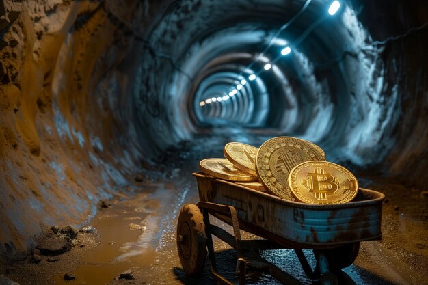 Bitcoin-mining in de mijn een wagen met munten