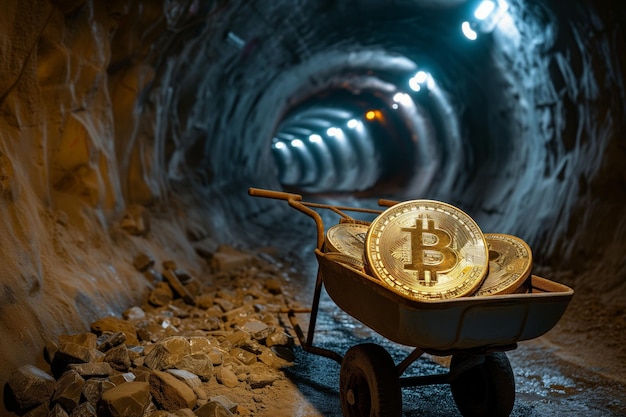 Photo bitcoin mining in the mine a cart with coins