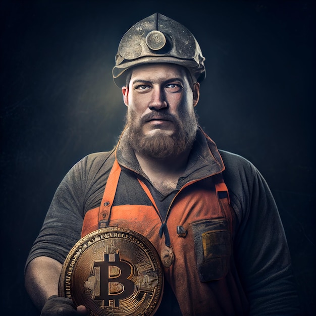 Bitcoin mining miner or mineworker portrait with bitcoin coin mining cryptos