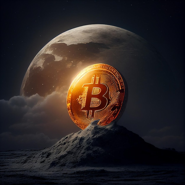 Bitcoin to the moon bitcoin logo in full moon illustration background