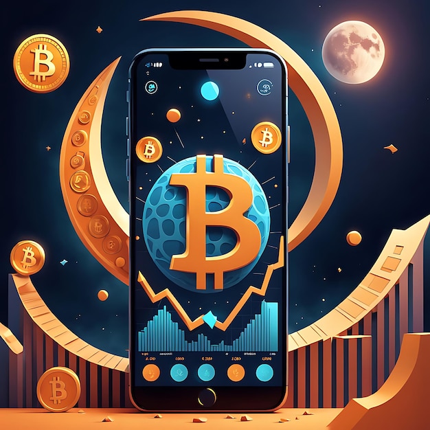 Photo bitcoin to the moon concept or buy sell cryptocurrency with mobile finance business investment