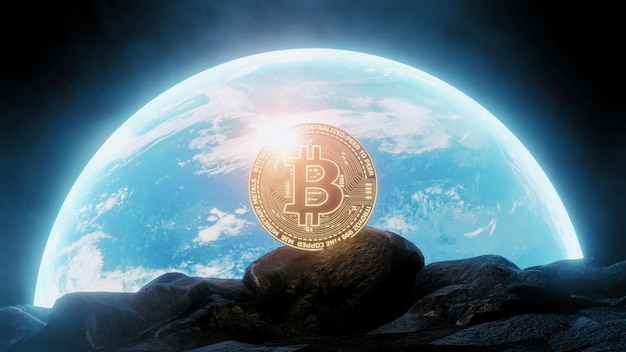 Bitcoin on moon surface with glowing planet earth background