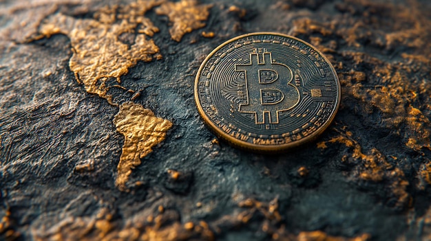 Bitcoin-munt ligt op de wereldkaart Generatieve AI