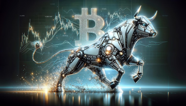 Foto bitcoin munt met zilveren robot stier en aandelen grafiek geïsoleerd op zwarte bullish markt van btc