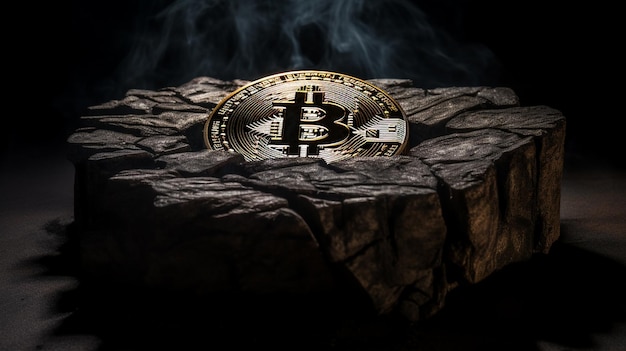 bitcoin munt met zwarte achtergrond in steen
