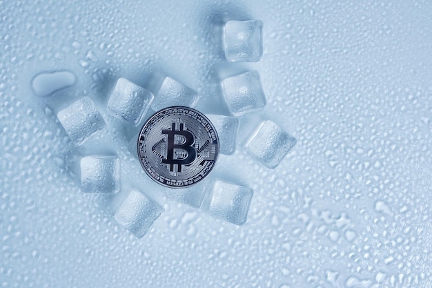 Bitcoin munt midden smeltende ijsblokjes en waterdruppels op lichte achtergrond.