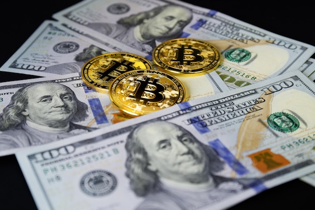 Bitcoin-munten met dollarbiljetten Concept van digitaal geld Bitcoin-mijnbouw online zakenwinkelen