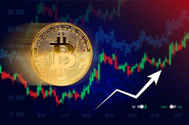 Bitcoin-munten op handelsgrafiek van grafiekdiagramsymbool van elektronisch virtueel geld en mijncryptocurrency-conceptCoin crypto-valuta bitcoin-concept Selectieve aandacht