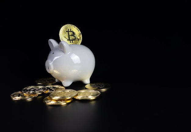 Bitcoin-munten staan op de achterkant van een wit spaarvarken op een zwarte achtergrond