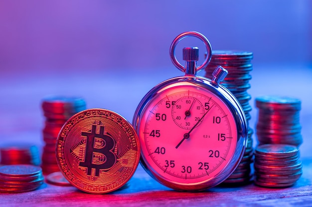 Bitcoin-muntstuk en chronometer met rode en blauwe neonstralen Het concept van snelle codering