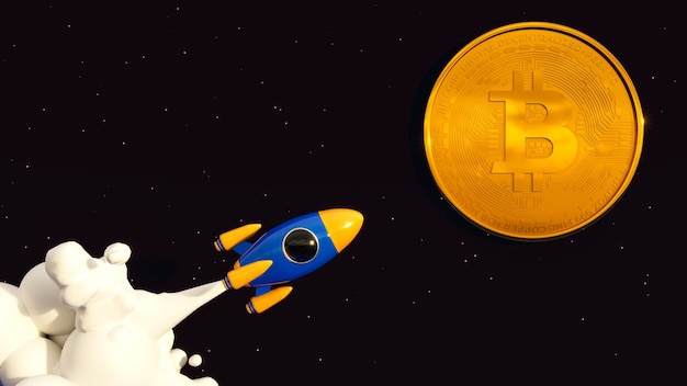 Bitcoin naar de maan. Crypto raket 3d illustratie.