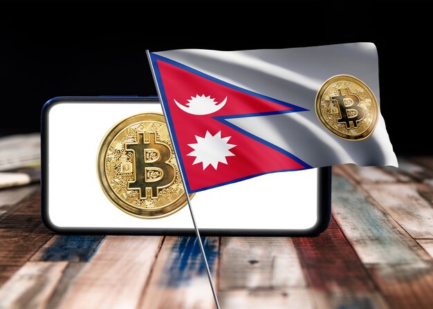 Bitcoin nepal op vlag van nepal. bitcoin-nieuws en juridische situatie in het concept van nepal.