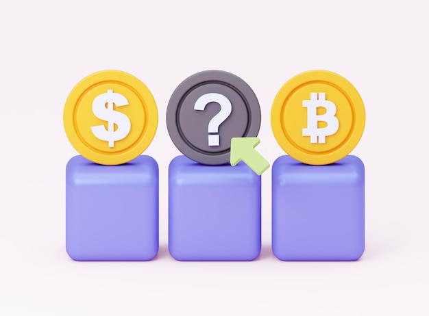 Bitcoin of dollar met symbool Vraagteken Illustratie 3D-rendering In cartoon-stijl